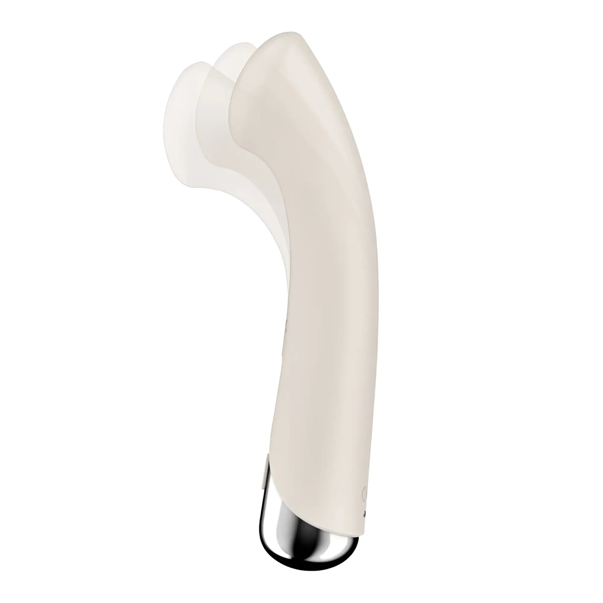 Satisfyer spinning g-spot 1 beige with cream-colored silicone body and metallic silver tip featuring ergonomic curve
