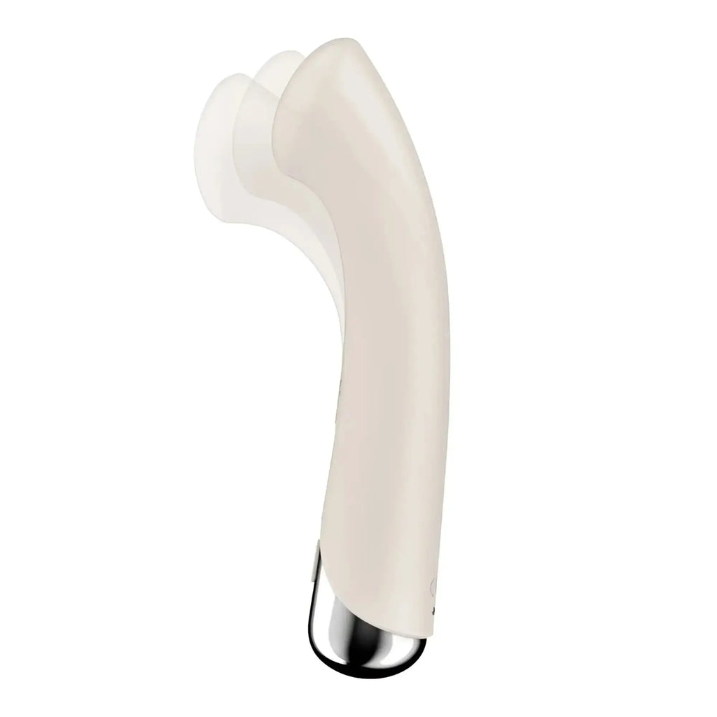Satisfyer spinning g-spot 1 beige with cream-colored silicone body and metallic silver tip featuring ergonomic curve