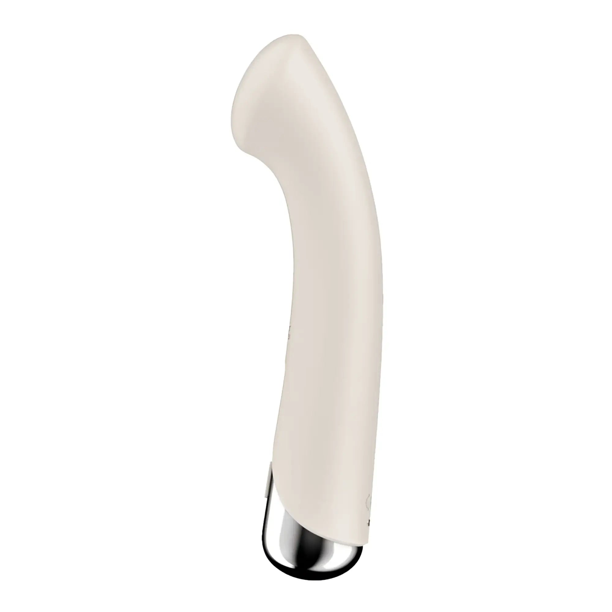 Cream-colored sleekly curved silicone satisfyer spinning g-spot 1 vibrator with polished chrome tip in beige