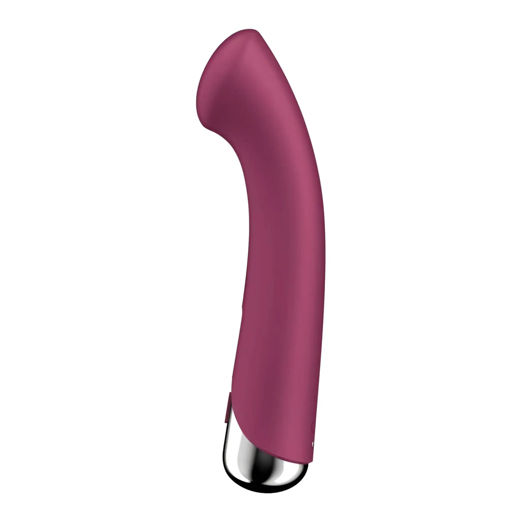 Satisfyer spinning g-spot 1 red vibrator with sleek curved magenta matte body and polished silver metallic tip