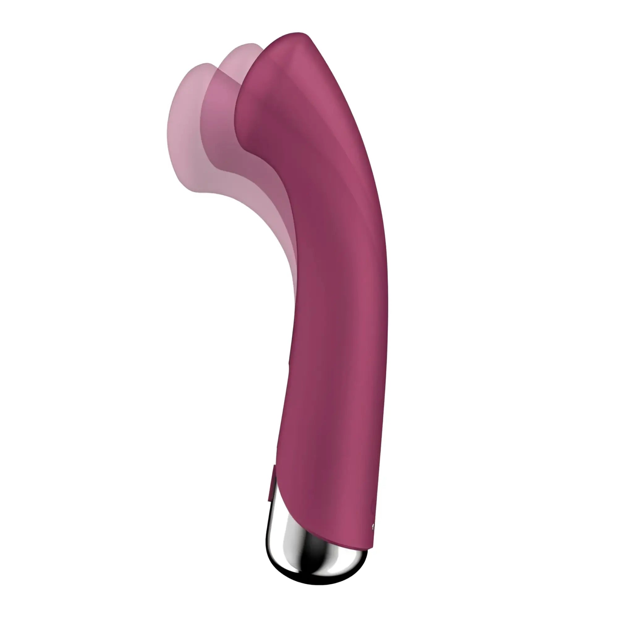 A sleek matte magenta satisyer spinning g-spot 1 red adult toy with curved ergonomic design and shiny metallic tip