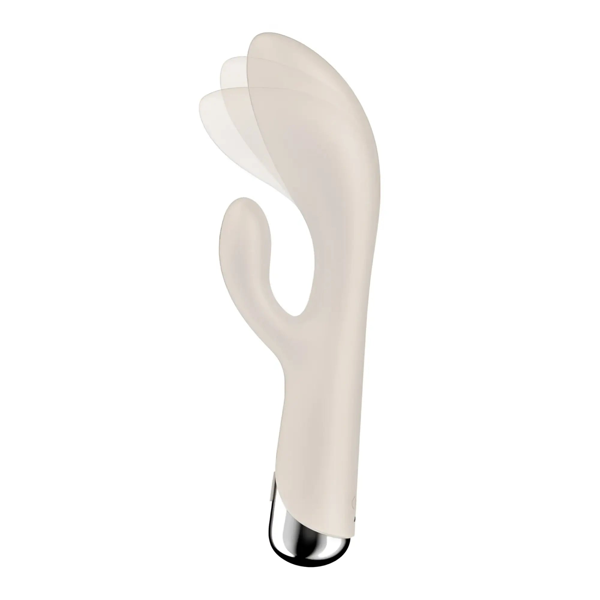 Cream-colored silicone rabbit-shaped vibrator with metallic base from Satisfyer spinning rabbit 1 beige collection