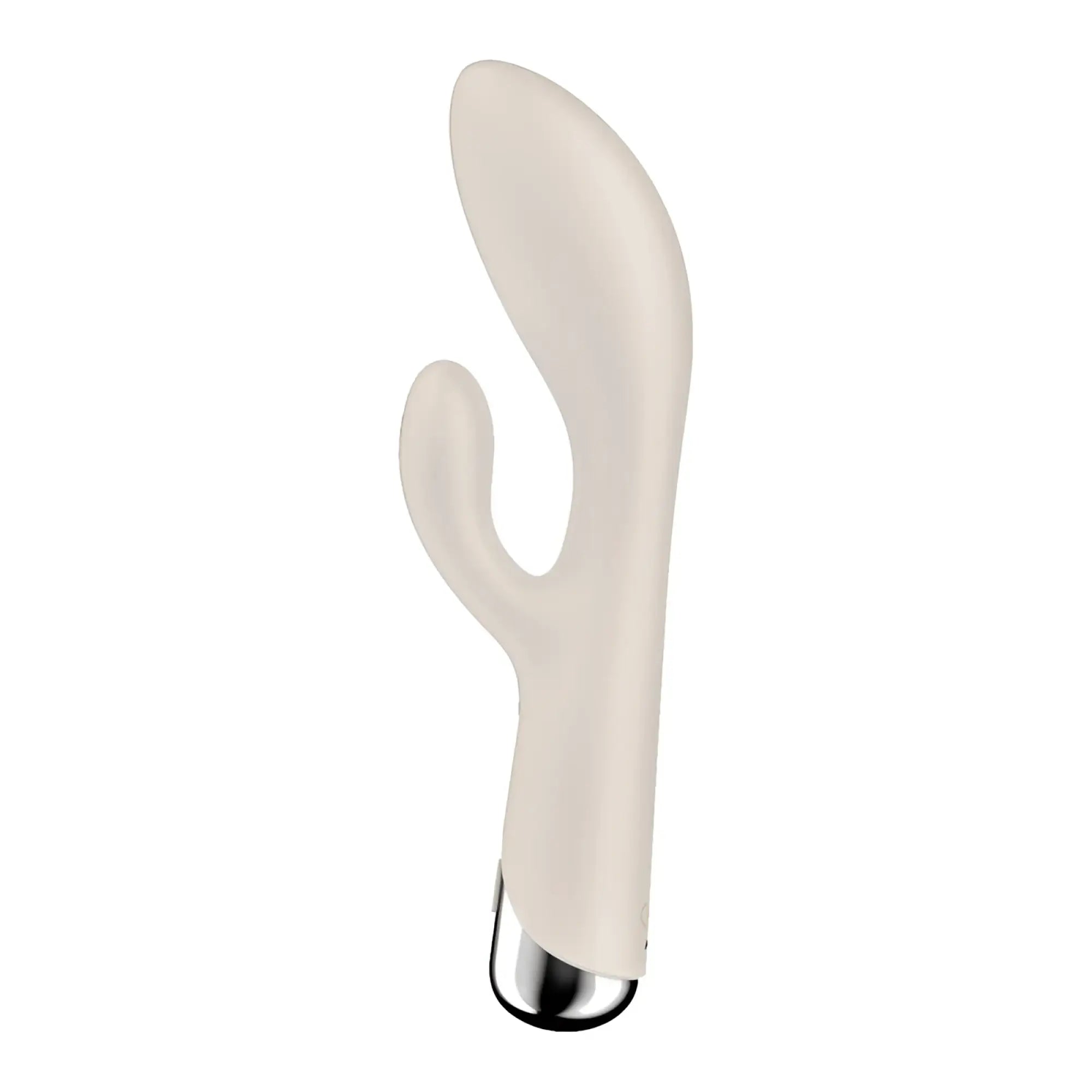 Cream-colored silicone rabbit vibrator with metallic silver base from satisfyer spinning rabbit 1 beige collection