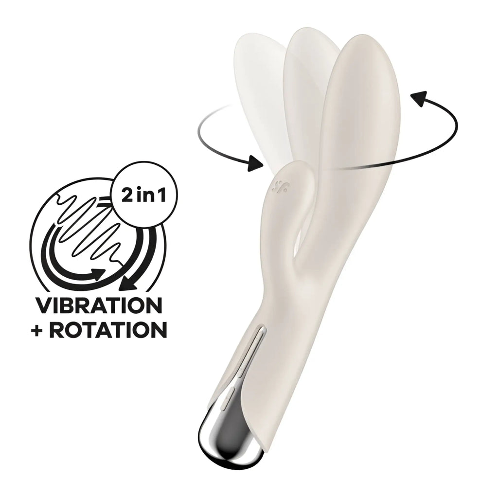 Cream-colored sleek adult toy satisfyer spinning rabbit 1 beige with metallic silver tip and smooth curves