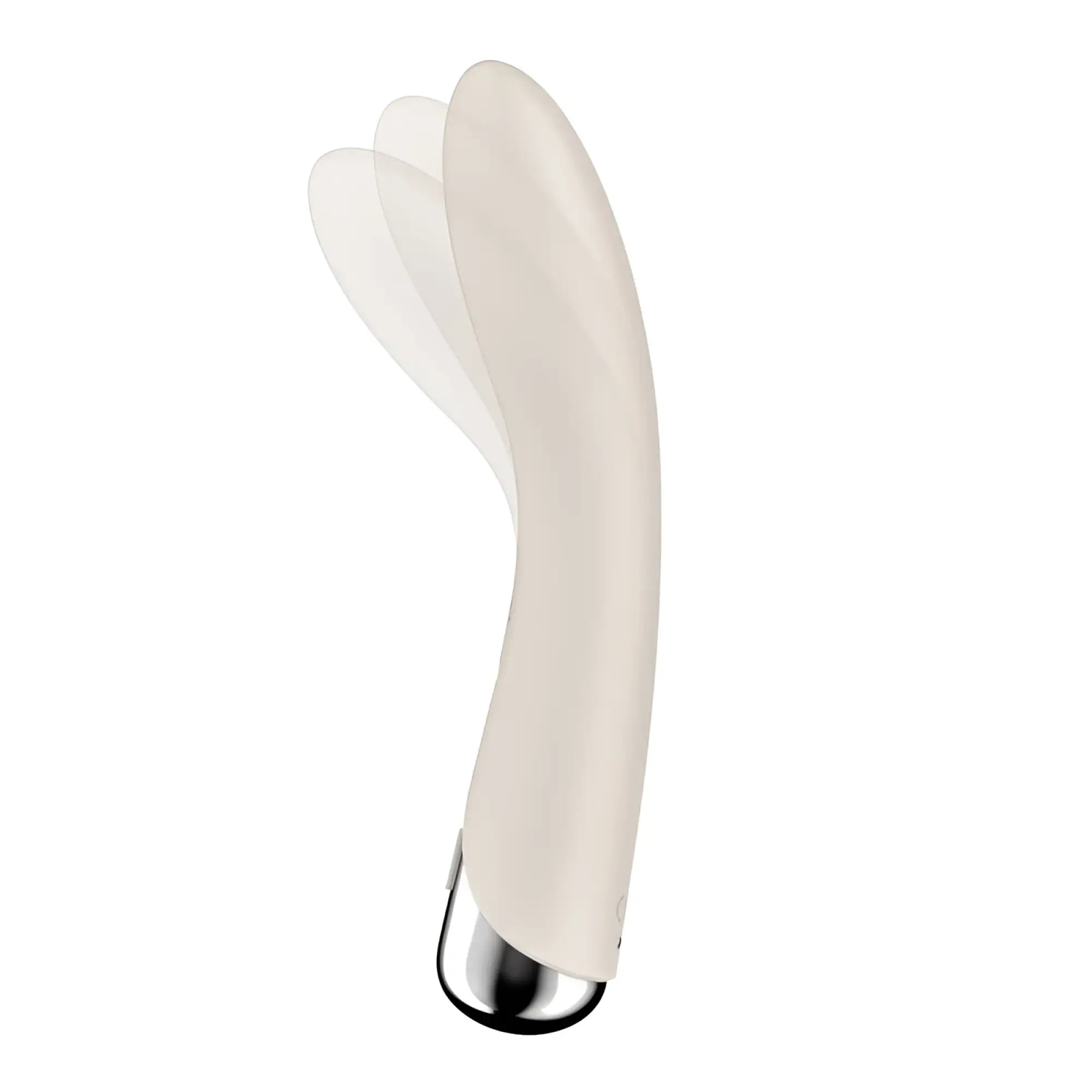 Cream-colored sleek curved Satisfyer spinning vibe 1 beige with metallic silver tip and smooth silicone finish