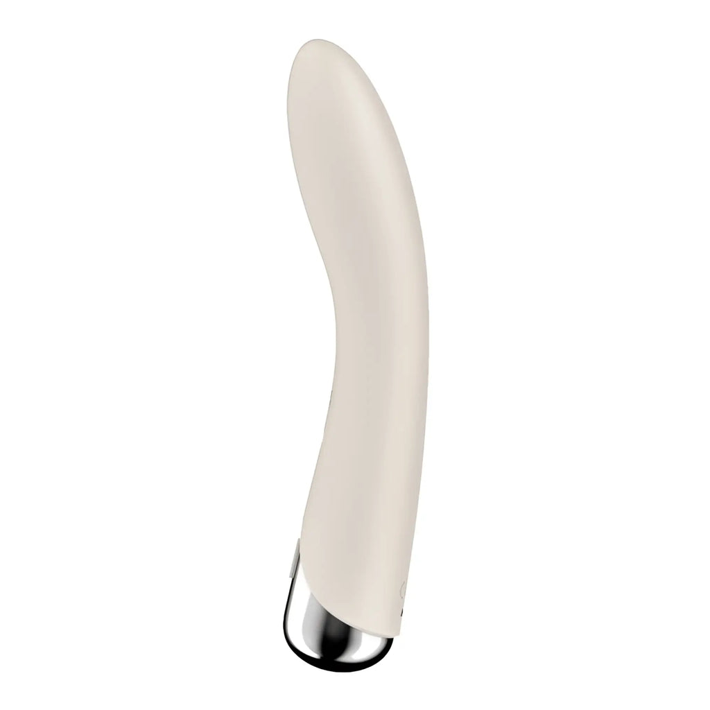 Cream-colored satisfyer spinning vibe 1 beige vibrator with sleek curves and metallic silver tip for personal pleasure