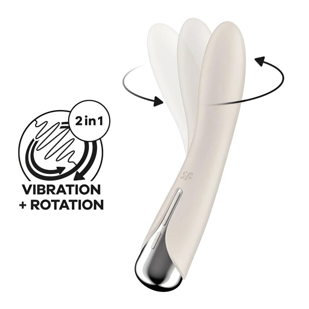 Cream-colored Satisfyer spinning vibe 1 beige with a smooth silicone body and metallic silver tip for adult use