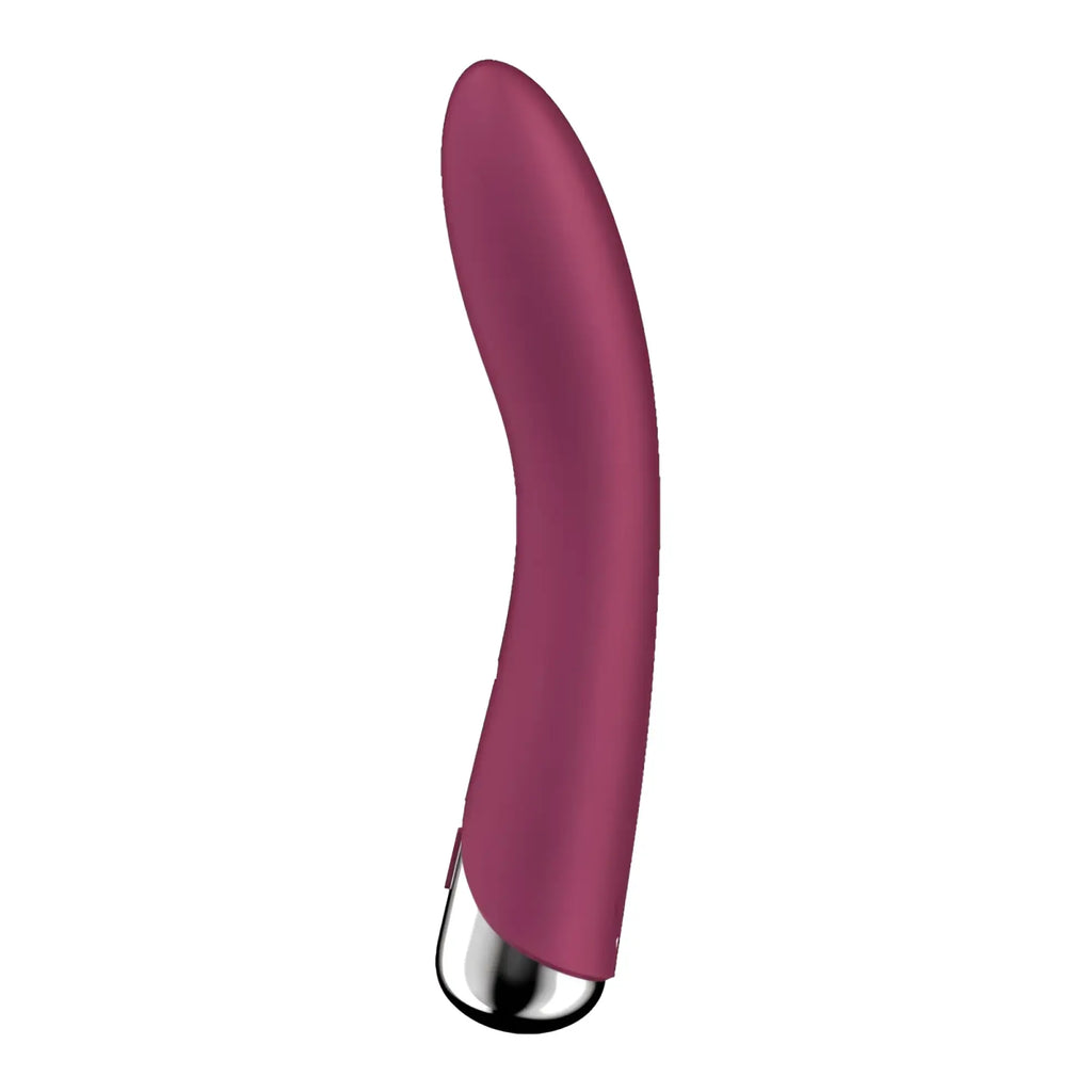 A sleek curved purple vibrator with matte finish and metallic tip from Satisfyer spinning vibe 1 red product