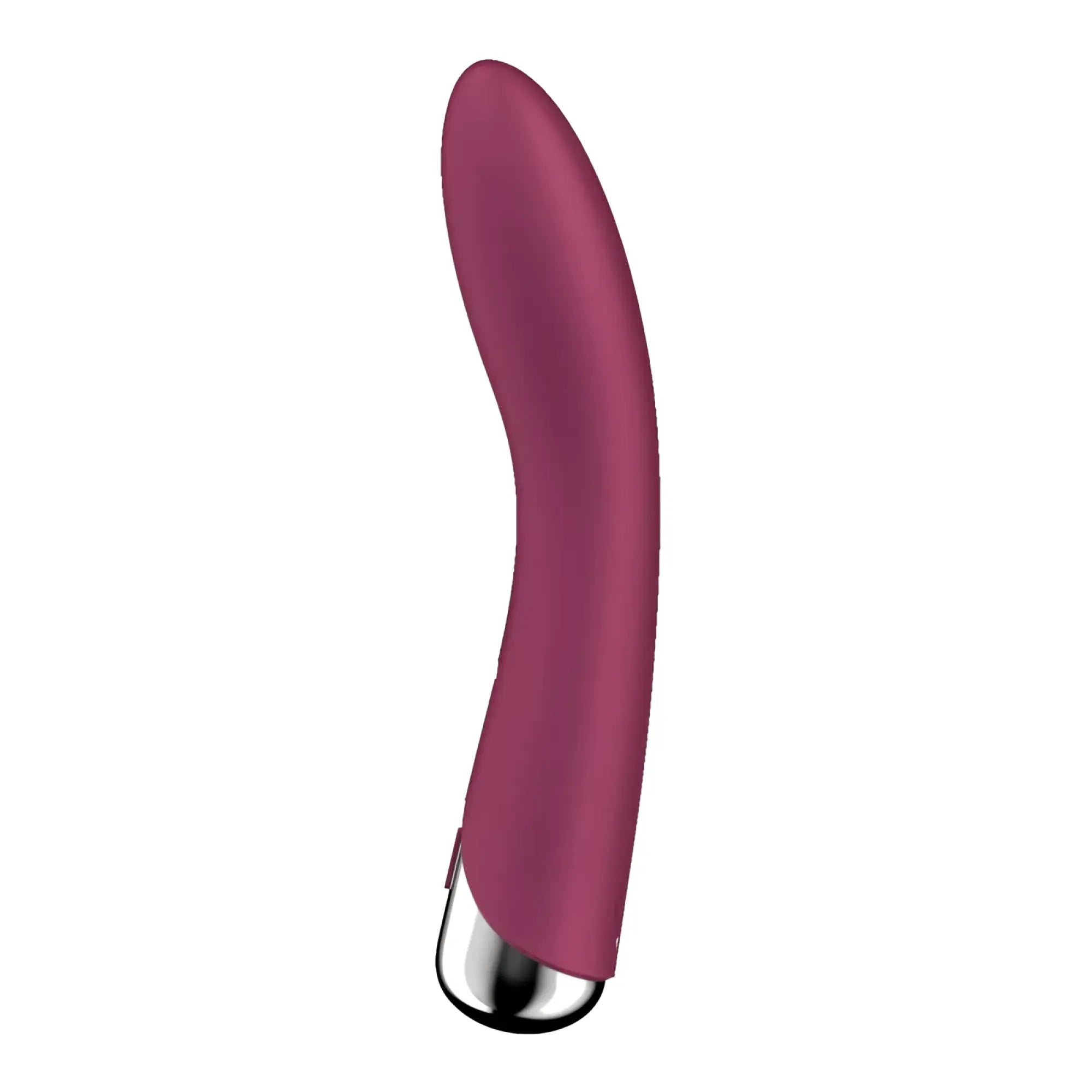 A sleek curved purple vibrator with matte finish and metallic tip from Satisfyer spinning vibe 1 red product