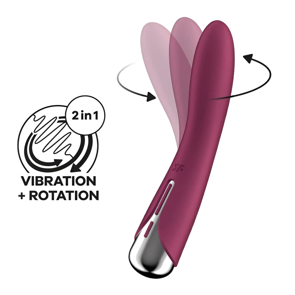 A sleek magenta satisfyer spinning vibe 1 adult toy with a metallic silver tip and smooth curved design