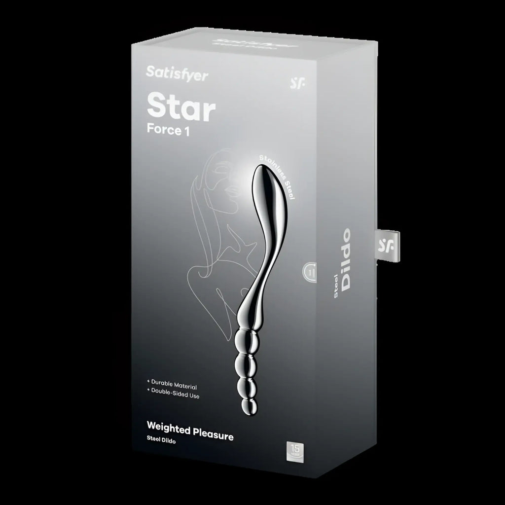 Silver metallic steel dildo with sleek tapered design and three rounded beads from satisfyer star force 1 metal dildo