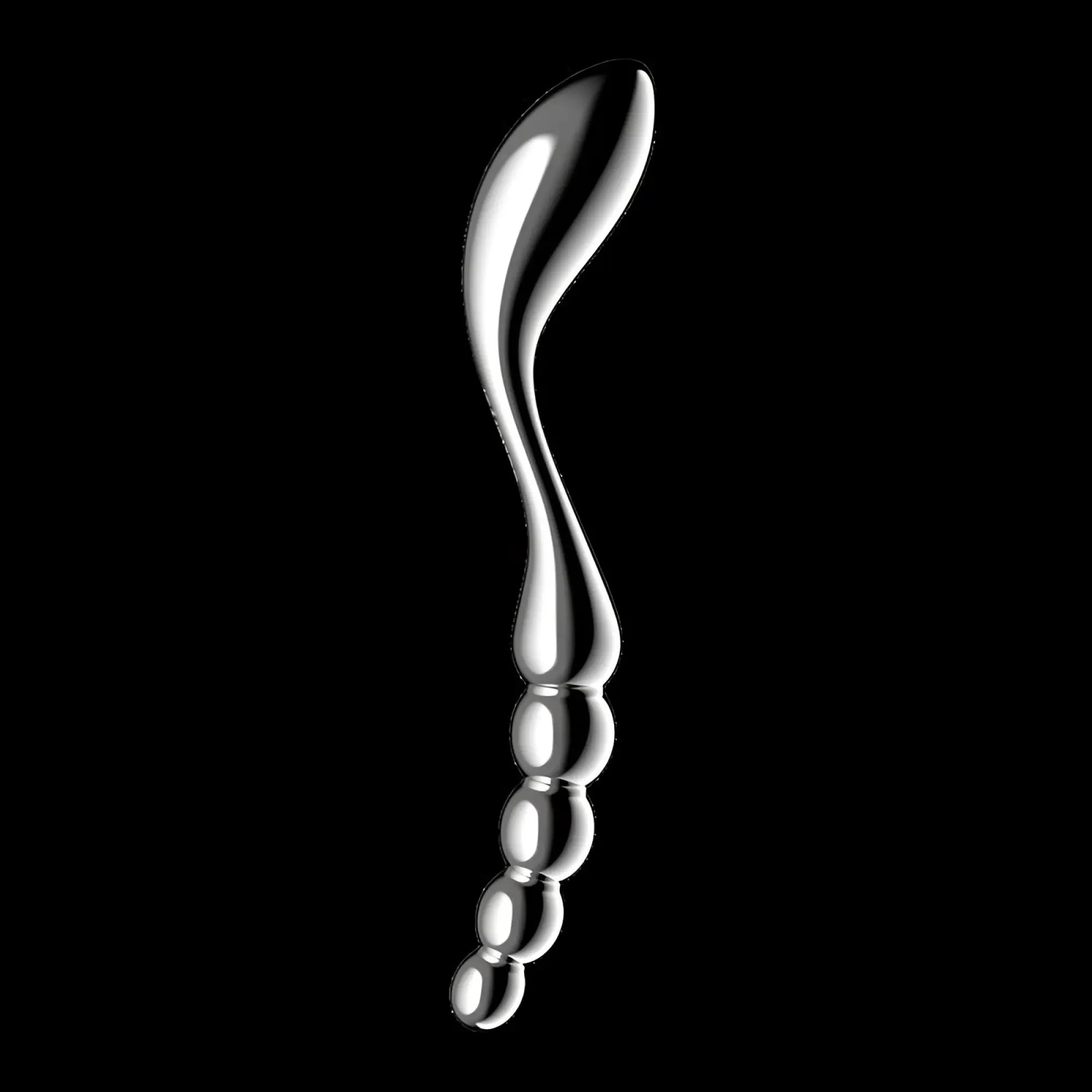 Silver sleekly curved metal dildo with polished spherical beads along its length by satisfyer star force 1