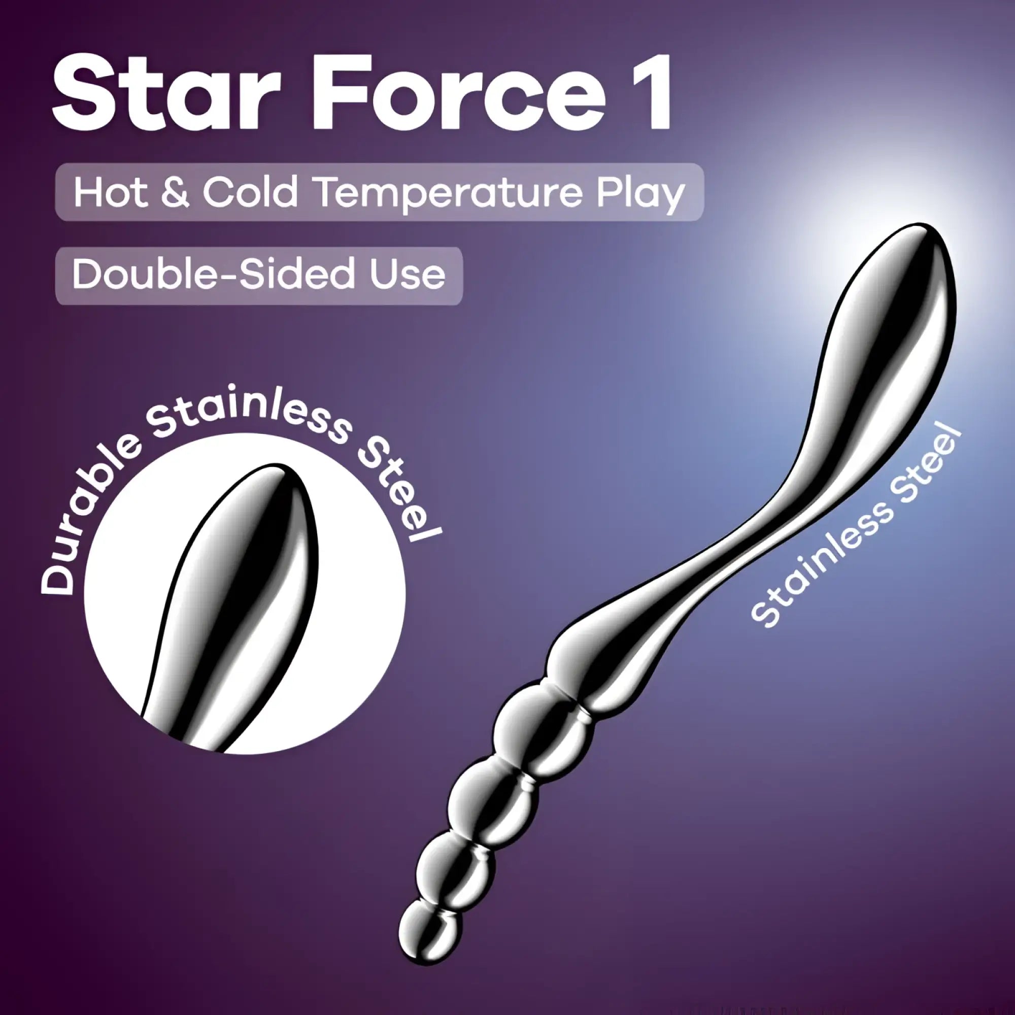 Satisfyer star force 1 metal dildo is a sleek shiny stainless steel toy with a smooth tapered head and segmented body