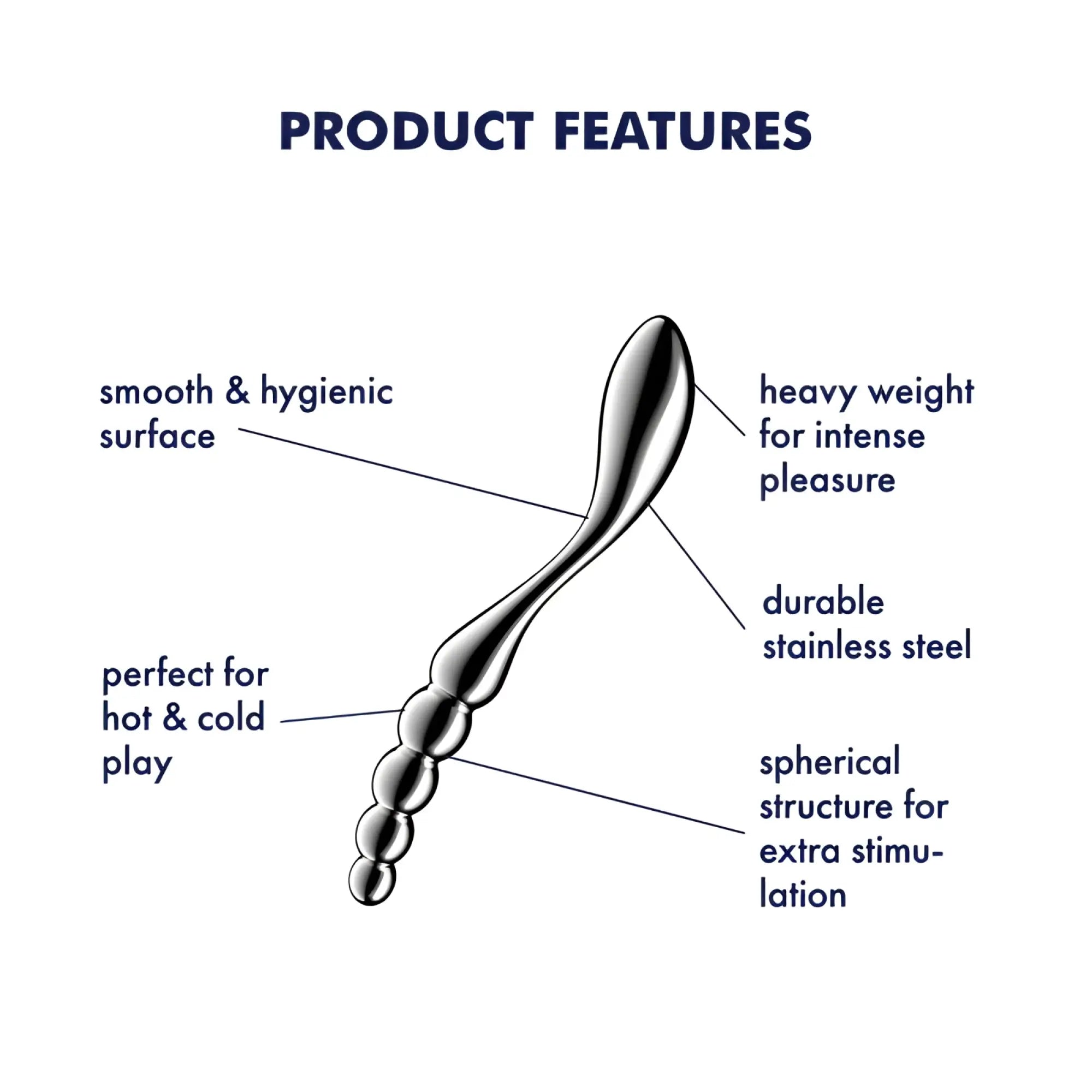 Satisfyer star force 1 metal dildo silver stainless steel with smooth surface and spherical beads along tapered shaft