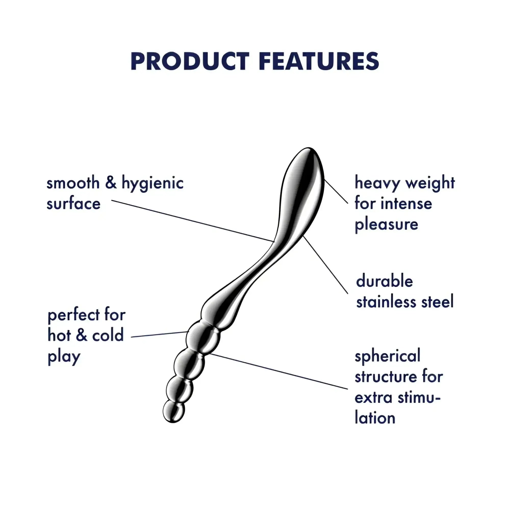 Satisfyer star force 1 metal dildo silver stainless steel with smooth surface and spherical beads along tapered shaft