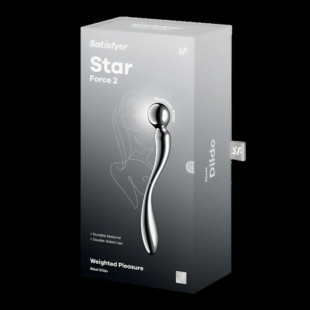 Silver stainless steel satisfyer star force 2 metal dildo with sleek curved design and weighted tip