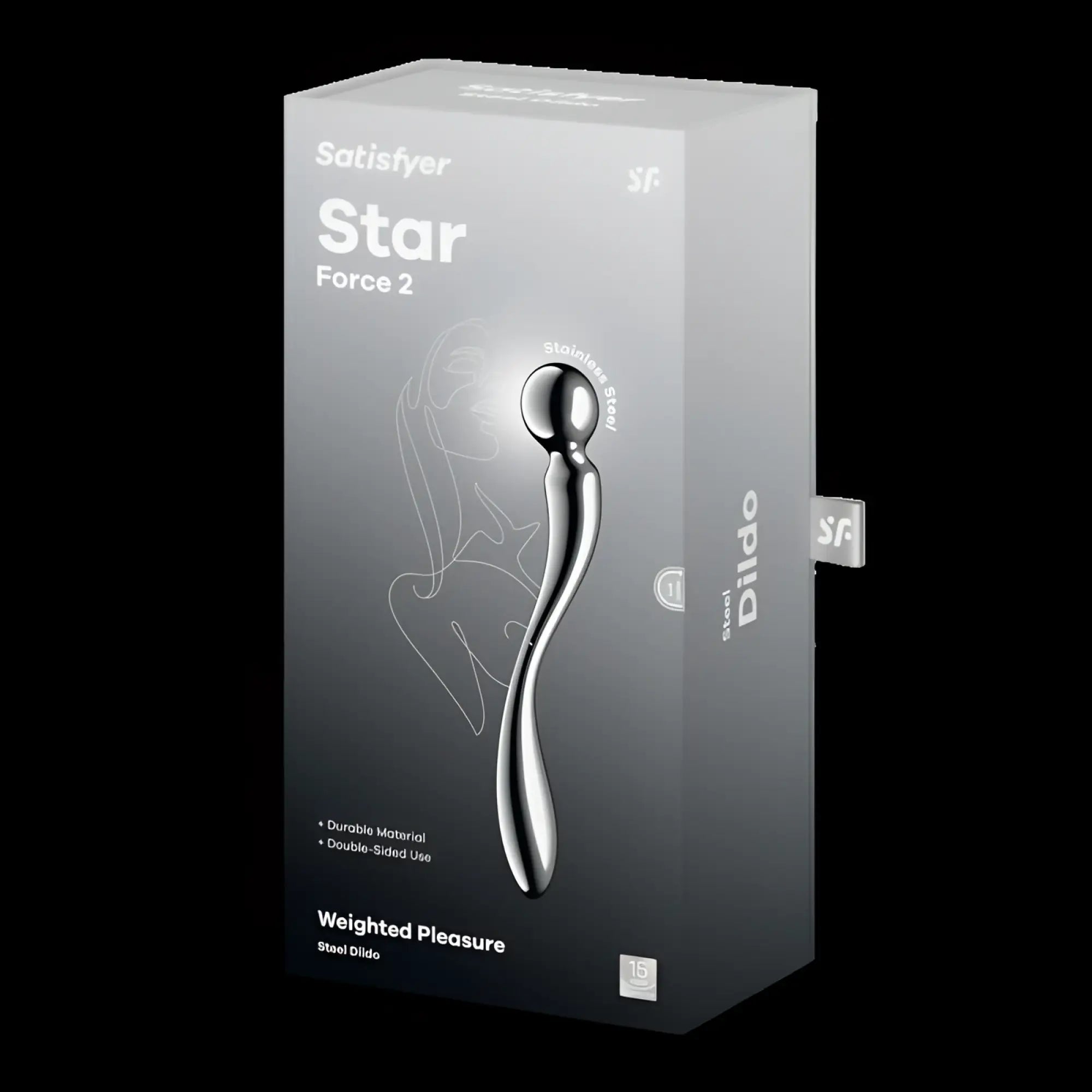 Silver stainless steel satisfyer star force 2 metal dildo with sleek curved design and weighted tip