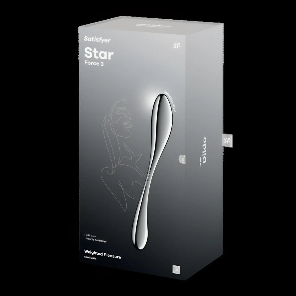 Silver satisfyer star force 3 metal dildo in sleek minimalist packaging featuring a silver pleasure device