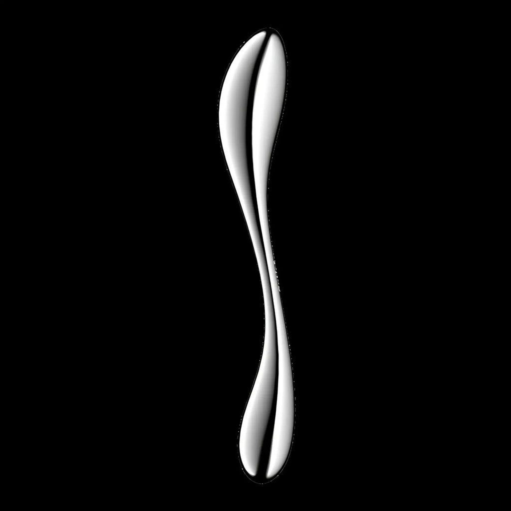 A sleek silver-toned metal dildo with a smooth curved design and polished finish from satisfyer star force 3