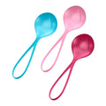 Three translucent glossy plastic spoons in blue pink and magenta hues for satisfyer strengthening balls 3 pc set