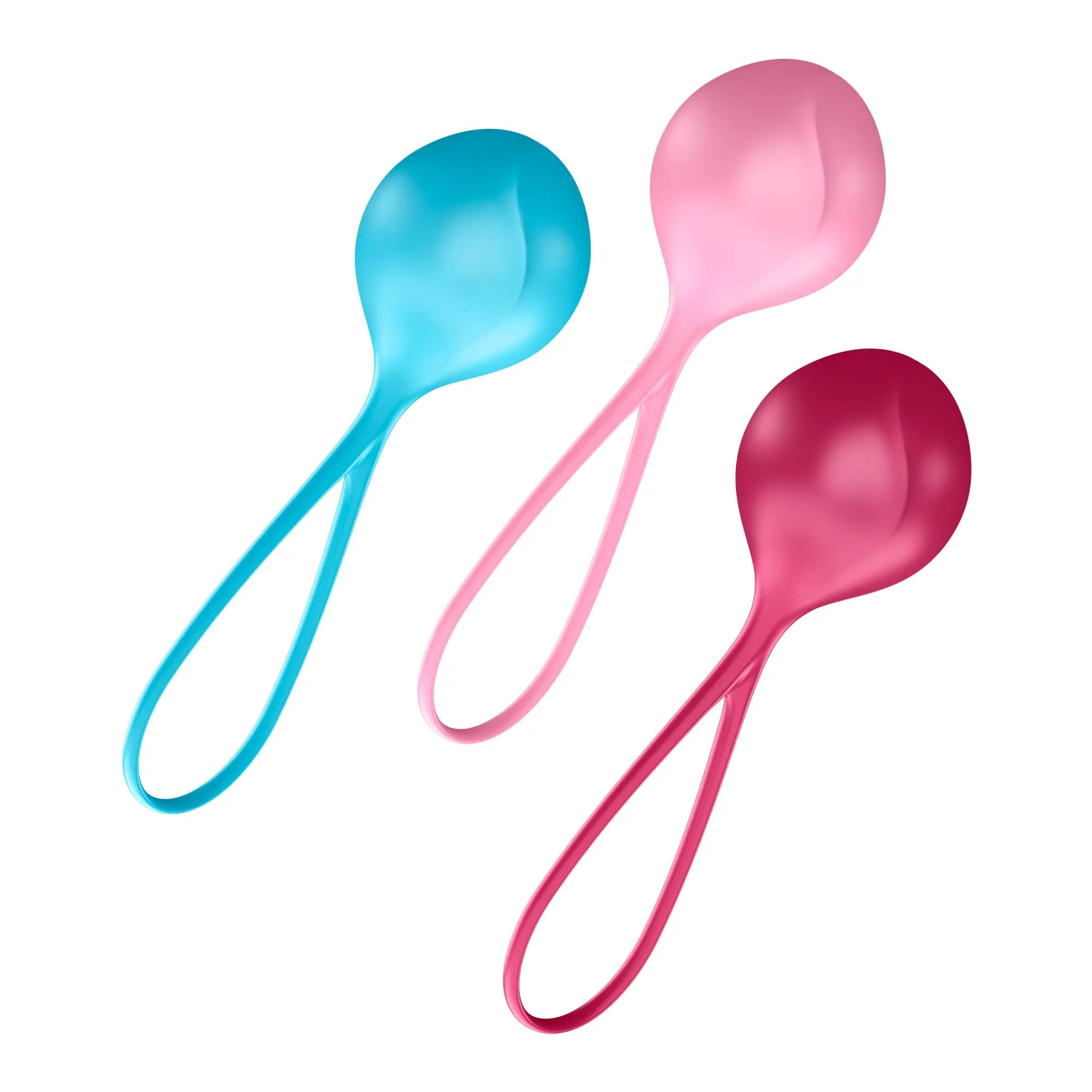 Three translucent glossy plastic spoons in blue pink and magenta hues for satisfyer strengthening balls 3 pc set