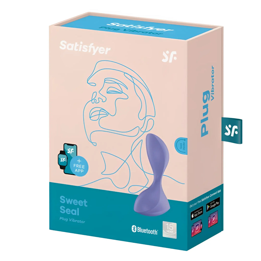 Purple satisfyer sweet seal vibrating anal plug in branded lilac packaging made of body-safe silicone