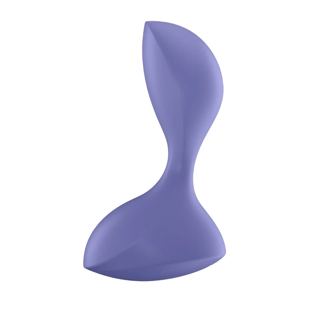 A sleek solid lavender silicone vibrating anal plug with a smooth glossy finish and an asymmetrical s-shaped design