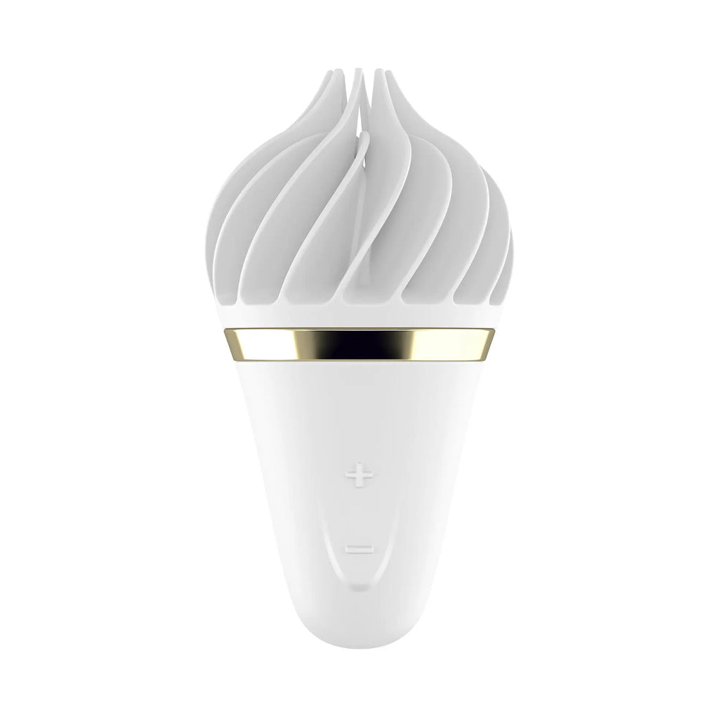 Satisfyer sweet treat white gold silicone device with gold accent band and swirling fluted top design