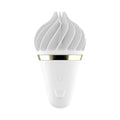 Satisfyer sweet treat white gold silicone device with gold accent band and swirling fluted top design