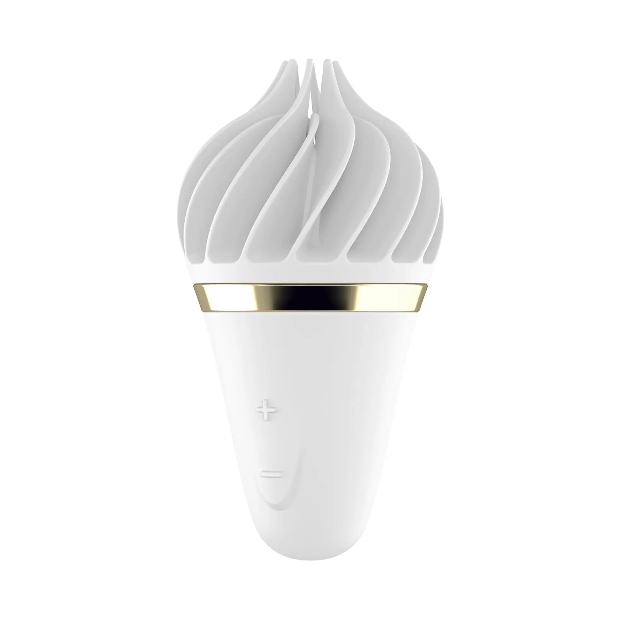 White silicone satisfyer sweet treat with gold accent band and swirled petal-like top for personal pleasure