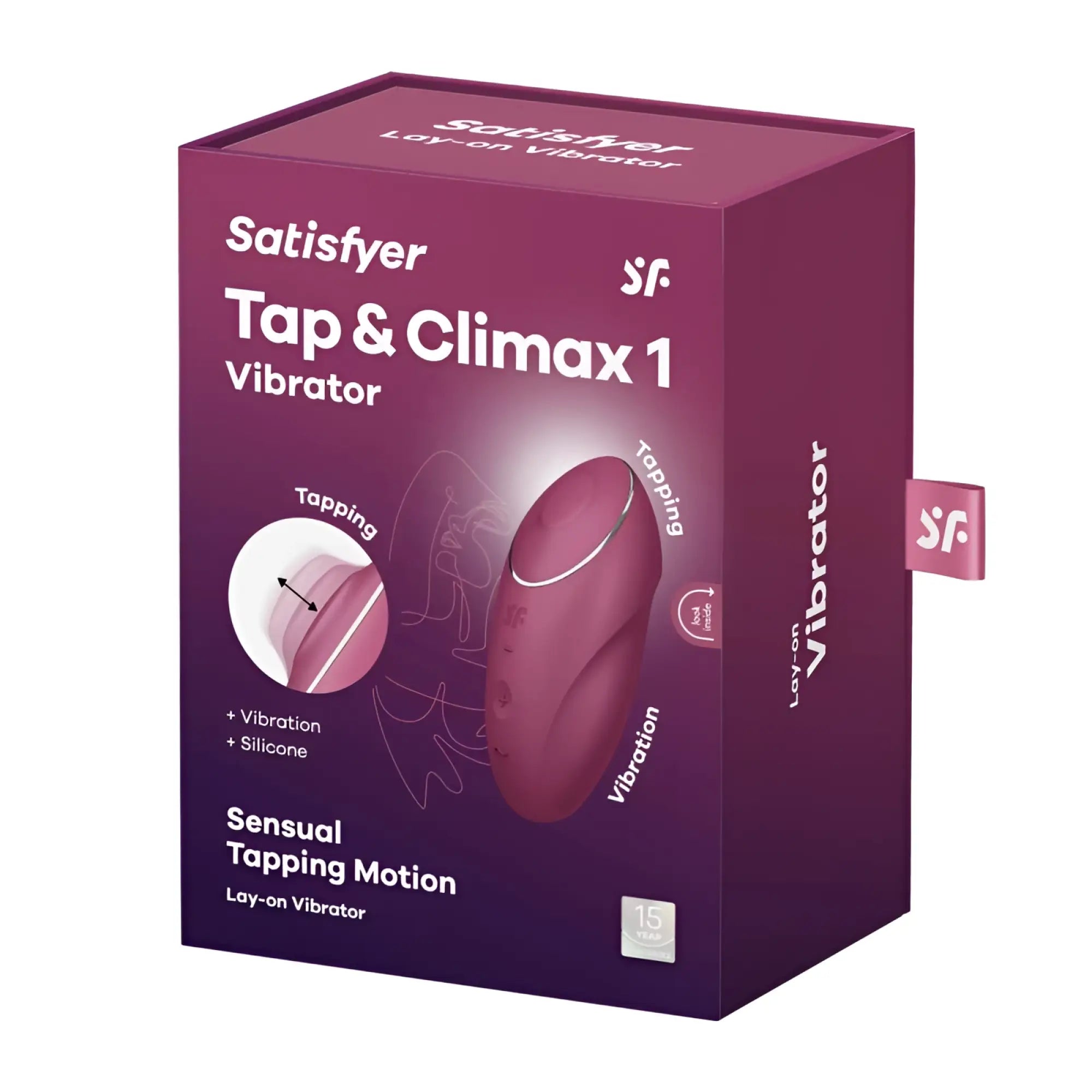 The Satisfyer Tap and Climax 1 red vibrator is a sleek matte rose gold silicone device with a silver accent ring