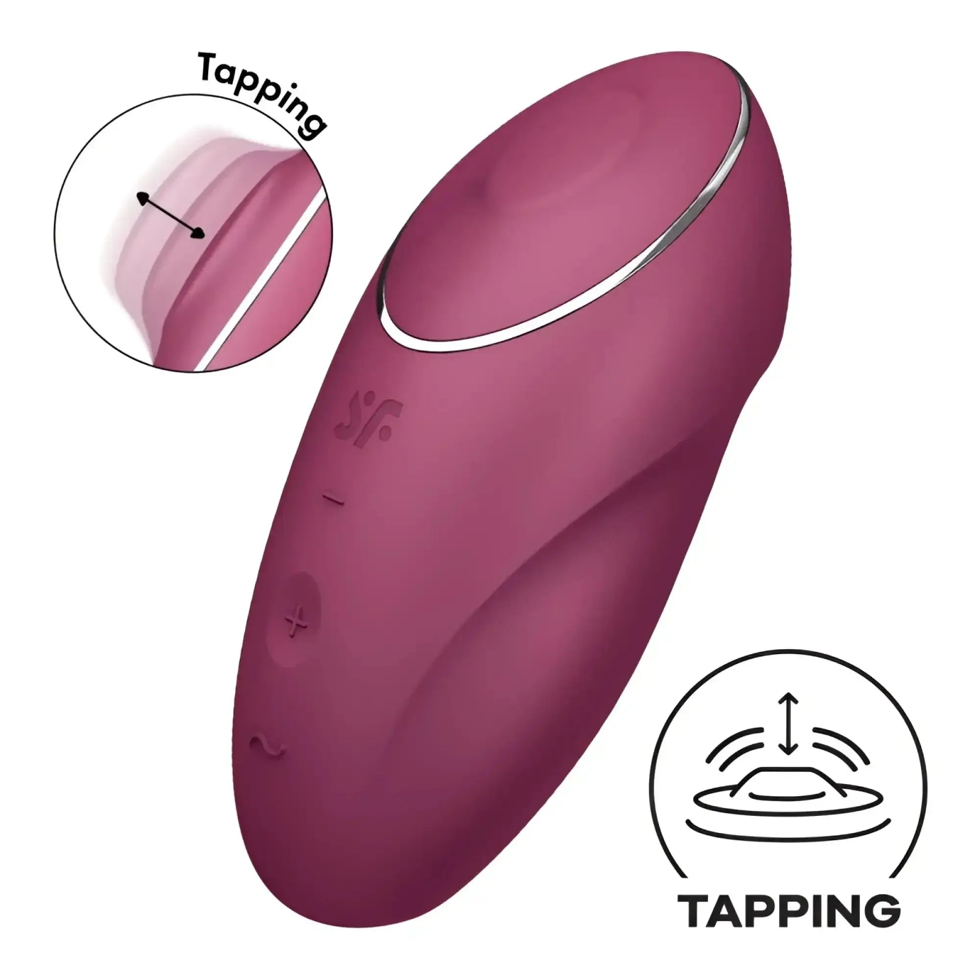 A sleek matte burgundy satisfyer tap and climax 1 red adult toy with silver accent ring and textured control buttons