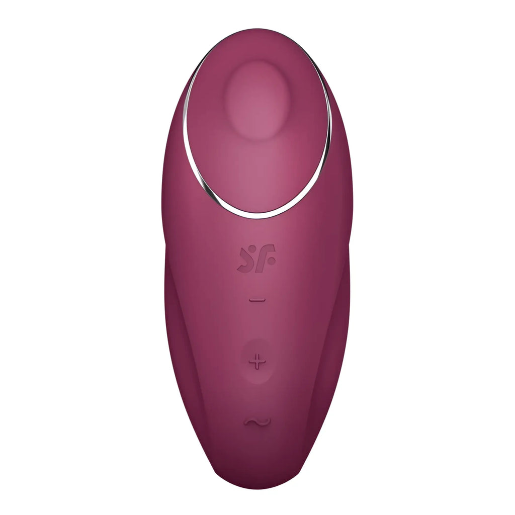 Satisfyer tap and climax 1 red adult toy in matte burgundy with silver ring and three tactile control buttons