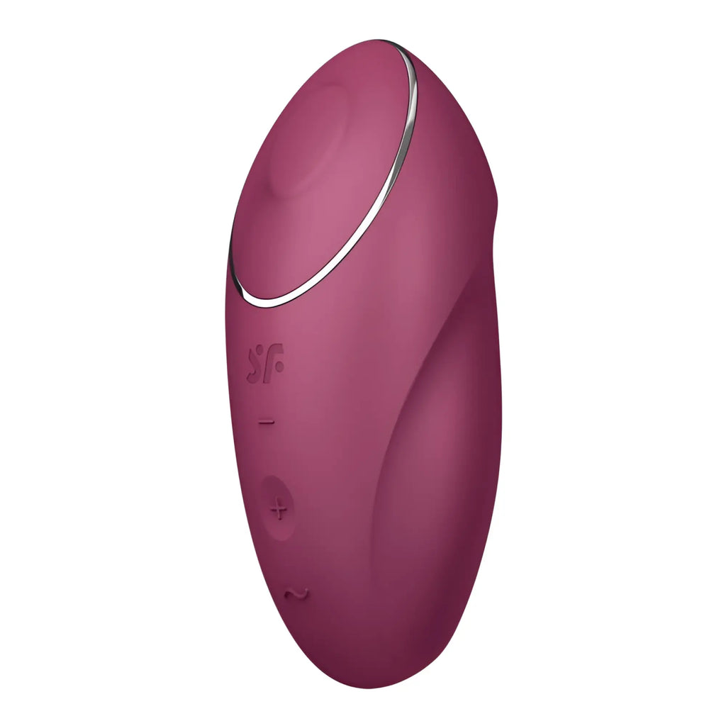 A sleek matte burgundy Satisfyer Tap and Climax 1 pleasure device with silver accent ring and subtle control buttons