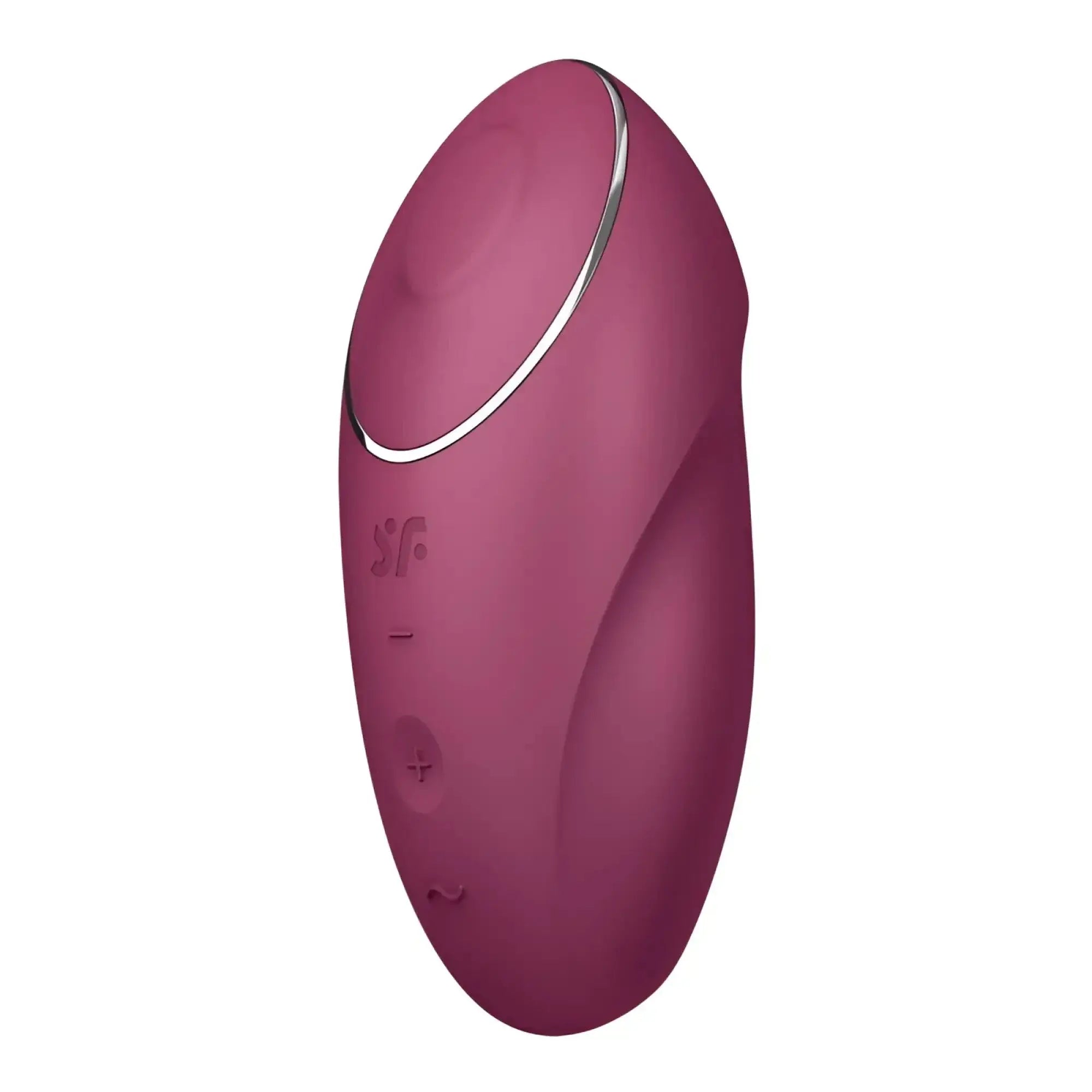 A sleek matte burgundy Satisfyer Tap and Climax 1 pleasure device with silver accent ring and subtle control buttons