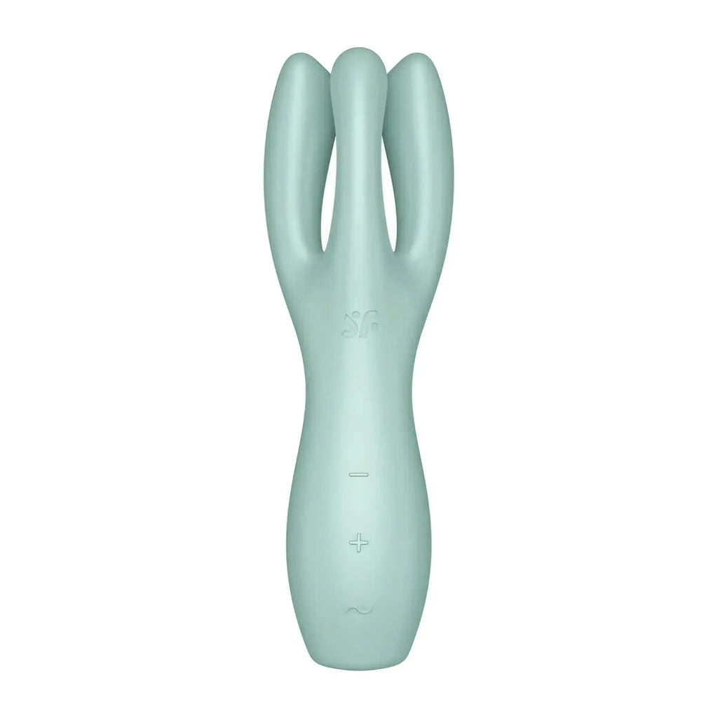 Satisfyer threesome 3 layon vibrator in mint with three curved prongs and silicone control buttons