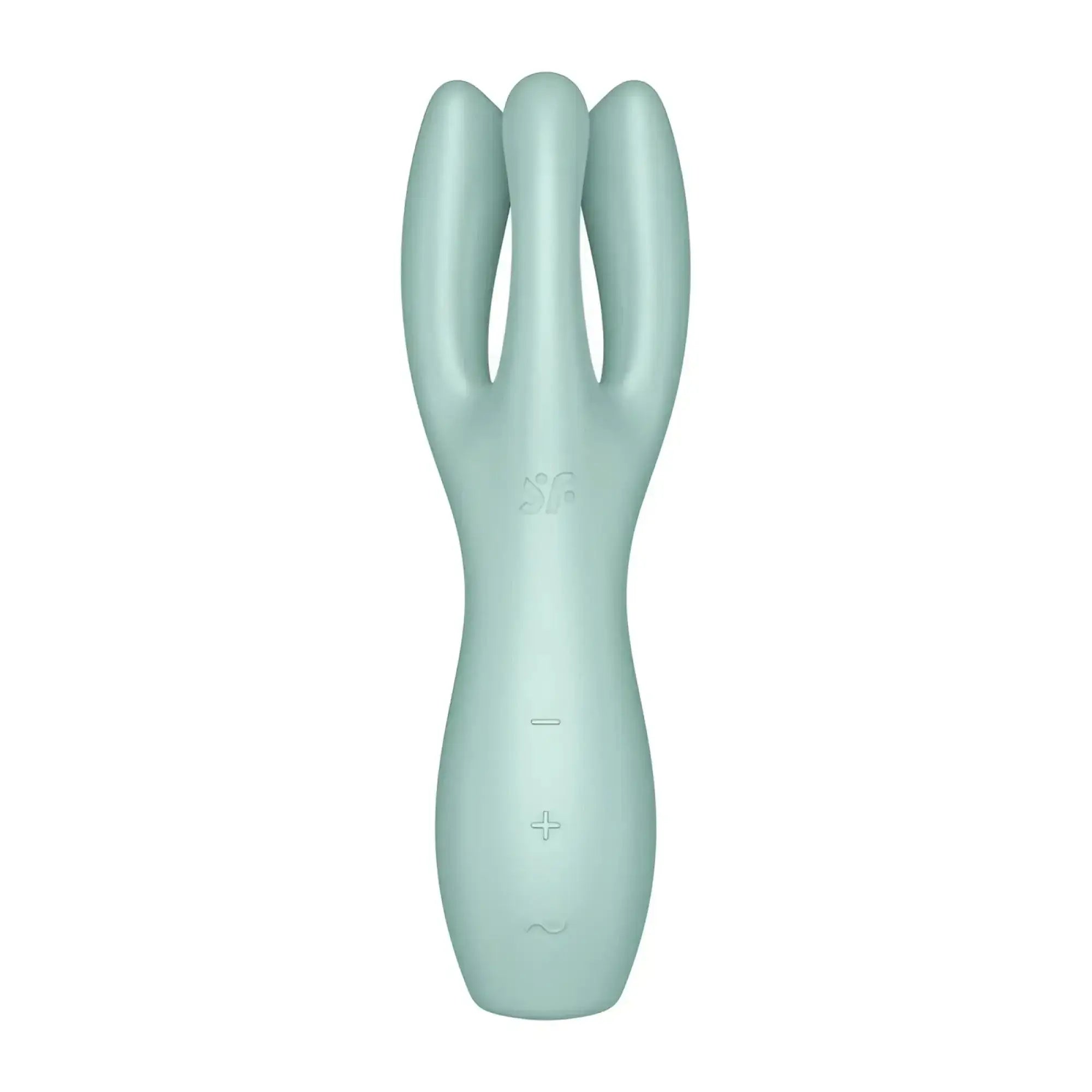 Satisfyer threesome 3 layon vibrator in mint with three curved prongs and silicone control buttons