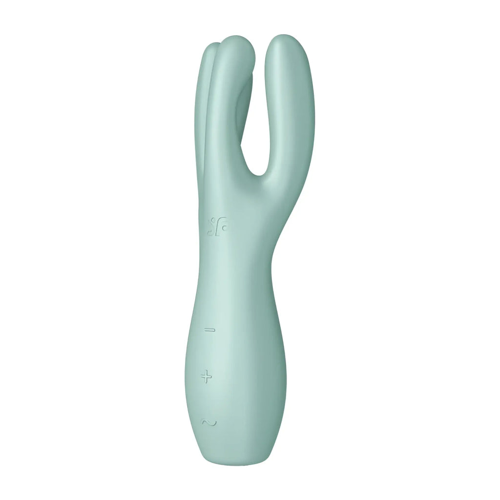 A sleek mint-green silicone satisfyer threesome 3 layon vibrator with three ergonomic finger-like prongs