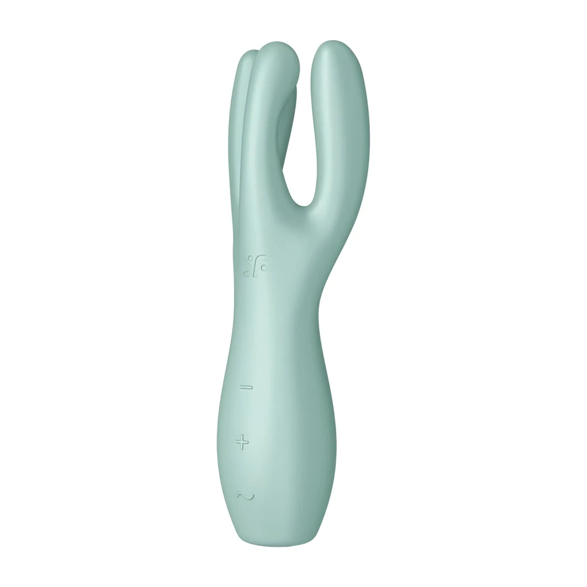 A sleek mint-green silicone satisfyer threesome 3 layon vibrator with three ergonomic finger-like prongs