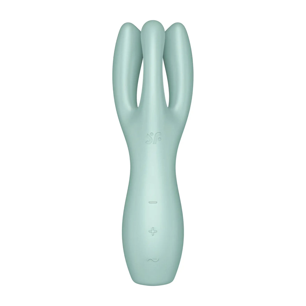 Satisfyer threesome 3 layon vibrator in mint with three curved prongs and silicone control buttons