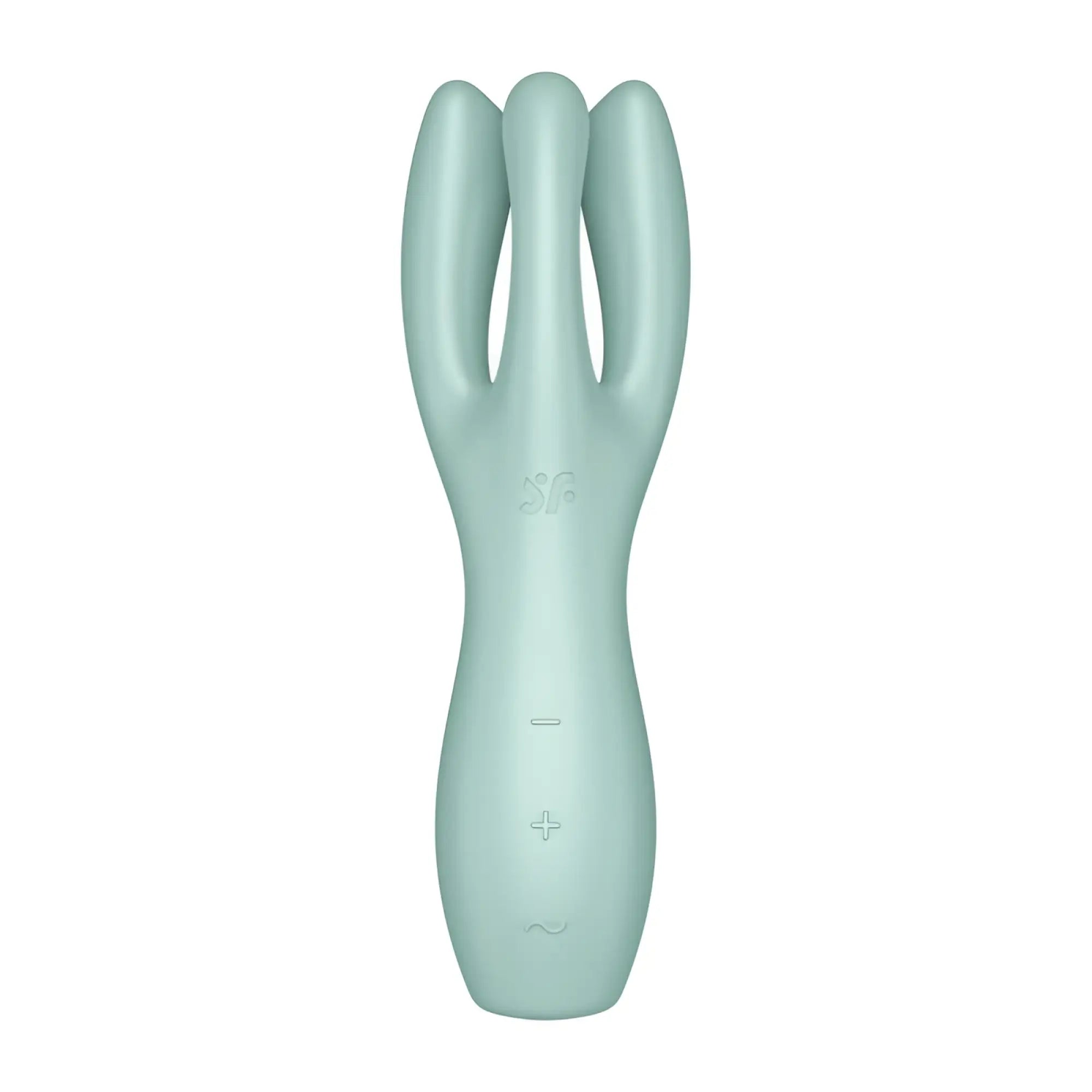 Satisfyer threesome 3 layon vibrator in mint with three curved prongs and silicone control buttons