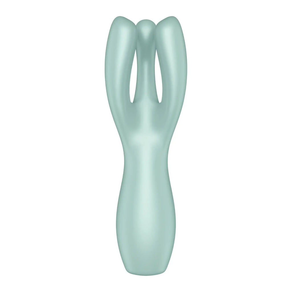 A sleek matte mint-green scalp massager with ergonomic design and three curved prongs by satisfyer threesome 3 layon vibrator mint
