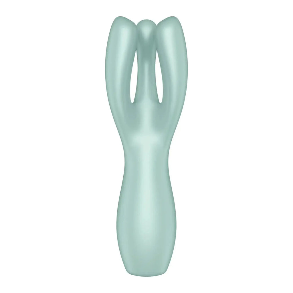 A sleek matte mint-green scalp massager with ergonomic design and three curved prongs by satisfyer