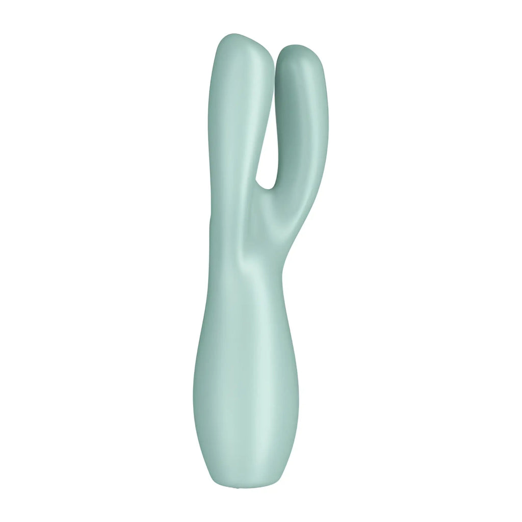 Satisfyer Threesome 3 Layon vibrator in matte mint-green silicone with smooth ergonomic design and two curved handles
