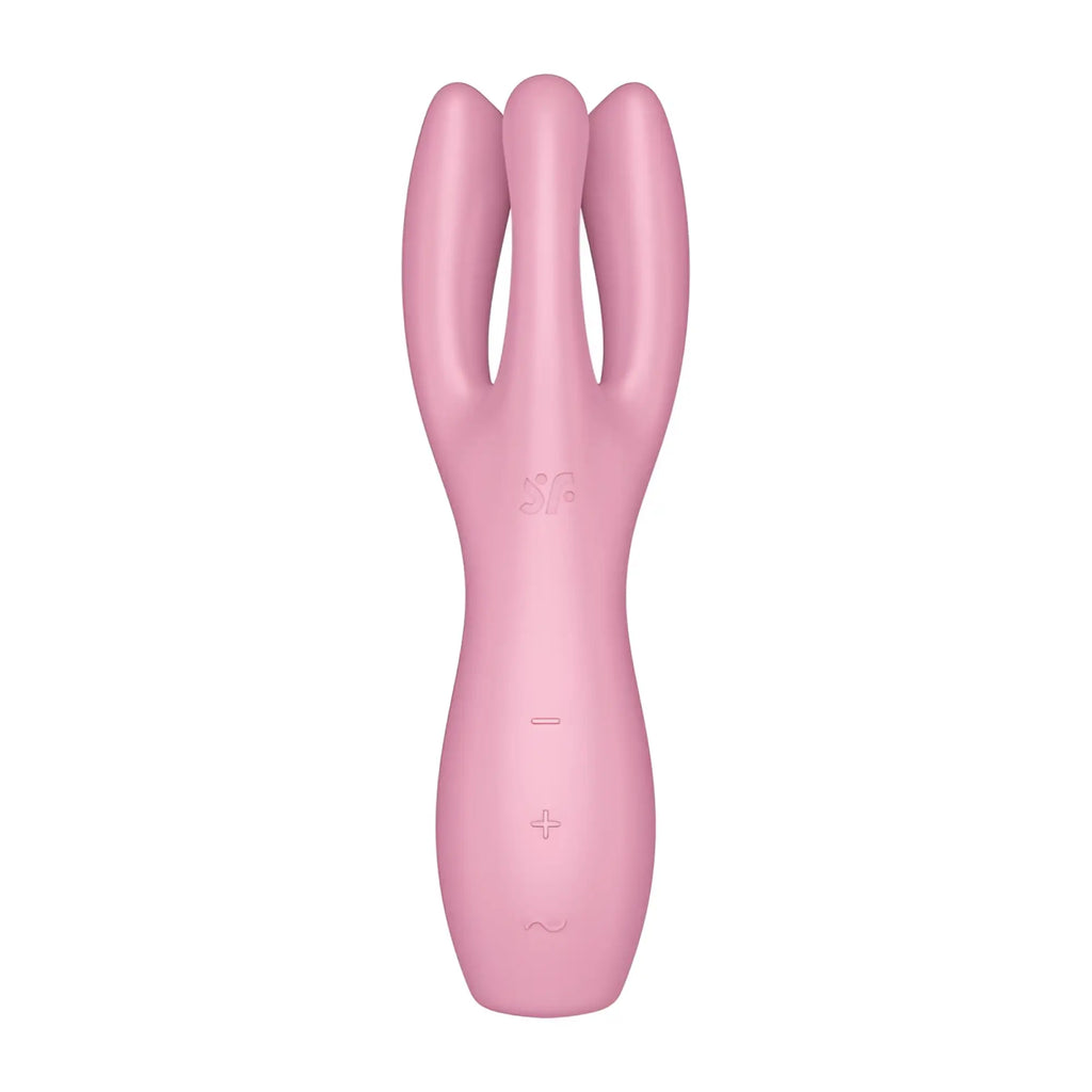 Pink silicone satisfyer threesome 3 layon vibrator with three curved prongs and control buttons for targeted pleasure