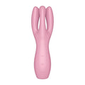 Pink silicone satisfyer threesome 3 layon vibrator with three curved prongs and control buttons for targeted pleasure