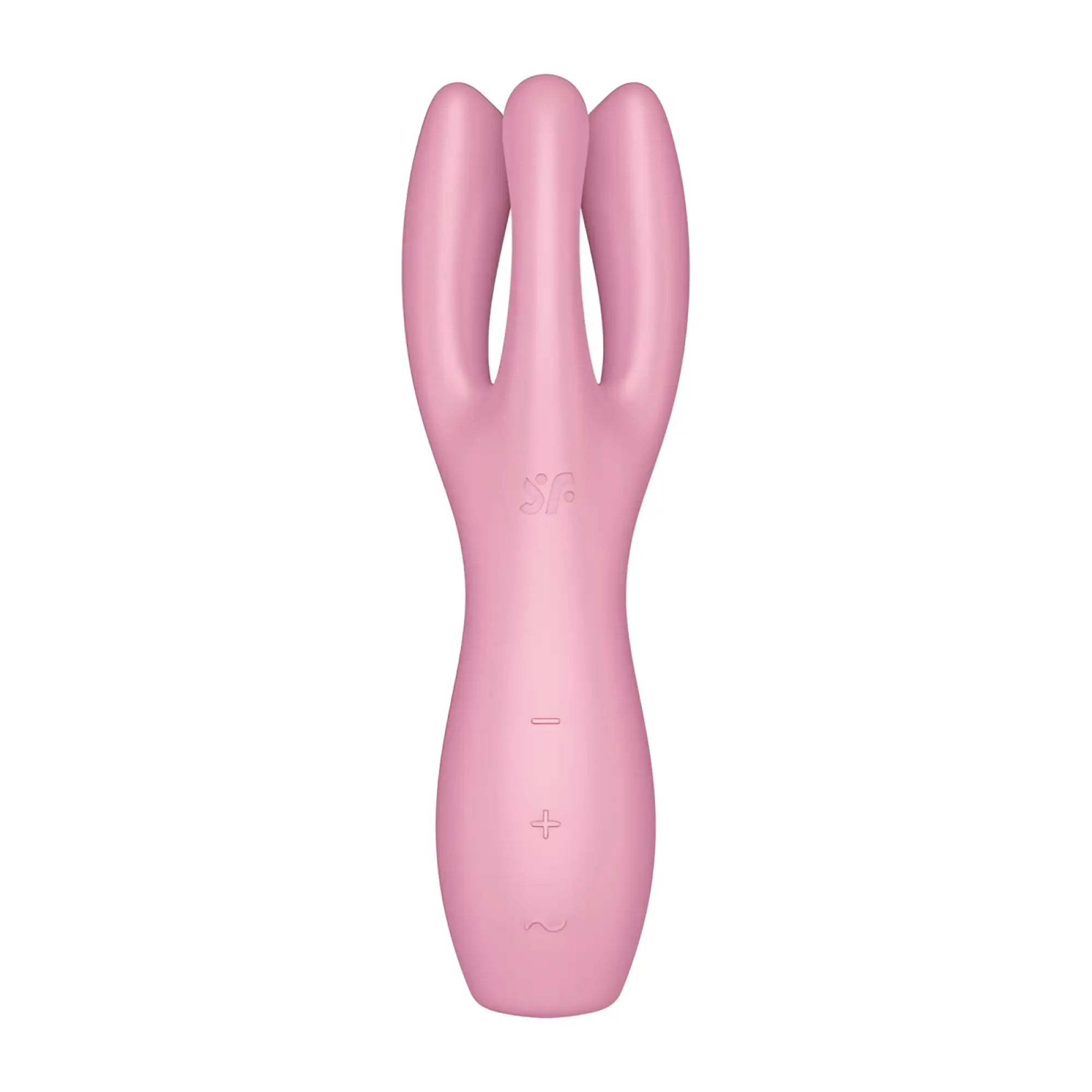 Pink silicone satisfyer threesome 3 layon vibrator with three curved prongs and control buttons for targeted pleasure