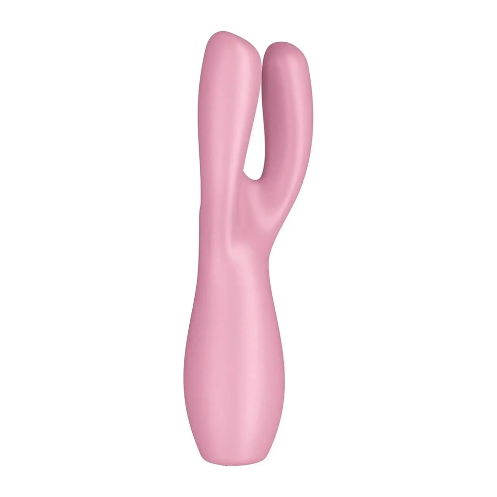Pink silicone rabbit-shaped vibrator with smooth glossy finish from sastisfyer threesome 3 layon collection