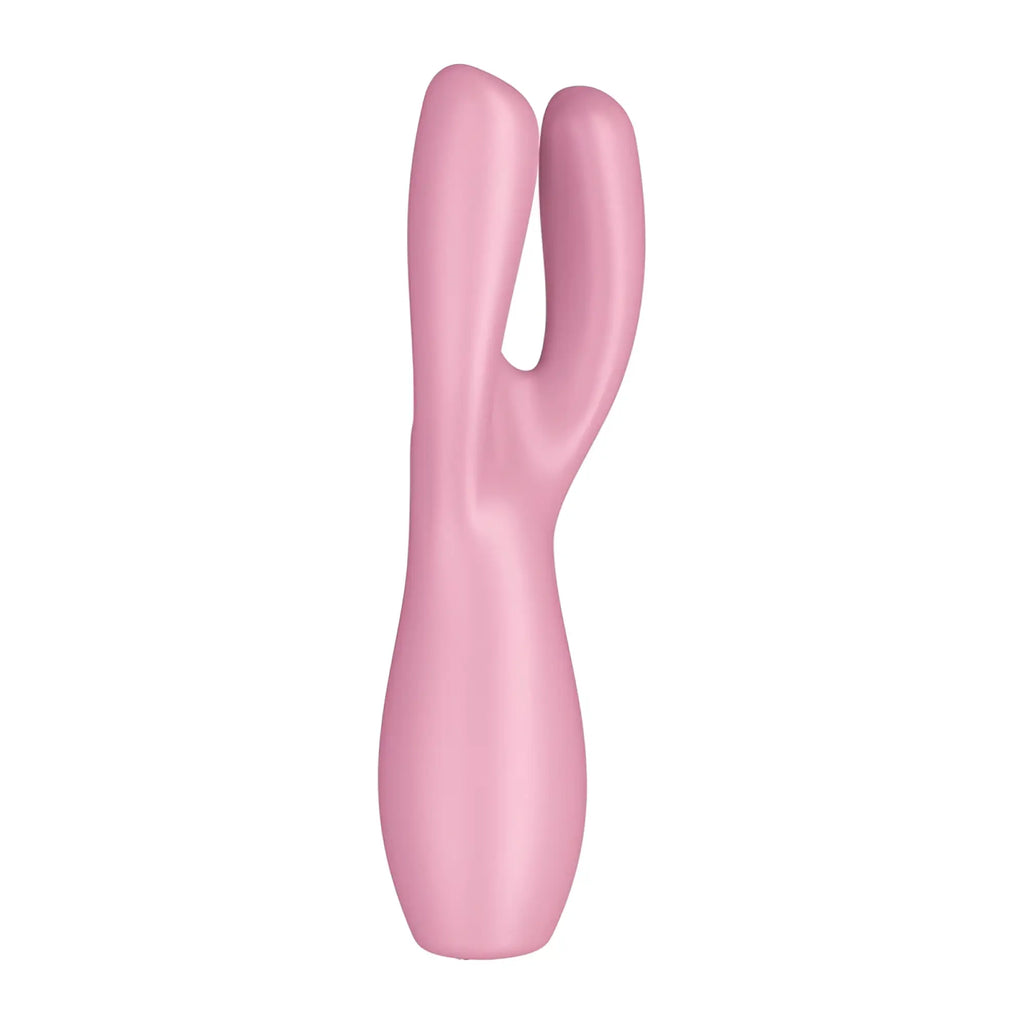 Pink silicone rabbit-shaped vibrator with smooth glossy finish from sastisfyer threesome 3 layon collection