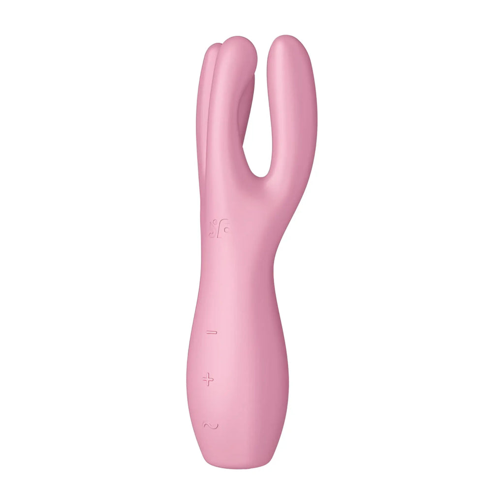 Pink silicone rabbit-shaped vibrator with smooth rounded contours and control buttons by satisfyer